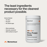 The image shows Momentous Whey Protein Isolate by Momentous, featuring minimal ingredients, NSF certification, no fillers or gums, grass-fed protein, and a science-backed formula designed to support optimal muscle recovery.