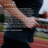 A runner on an outdoor track, with a customer testimonial overlay about using Momentous Whey Protein Isolate from Momentous for muscle recovery.