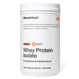 A white container of Momentous Whey Protein Isolate by Momentous, chocolate flavor, made with grass-fed protein for foundational and performance support, net weight 1.44 lb (655g).