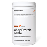 A white container of Momentous Whey Protein Isolate by Momentous, chocolate flavor, made with grass-fed protein for foundational and performance support, net weight 1.44 lb (655g).