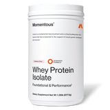 A white Momentous Whey Protein Isolate container in Strawberry Flavor, labeled grass-fed protein, net weight 1.36 lb (617.5g), ideal for muscle recovery.