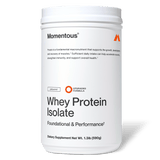 A white container of Momentous Whey Protein Isolate, featuring detailed branding on the front—made with premium grass-fed protein to support muscle recovery.