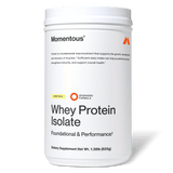 A container of Momentous Whey Protein Isolate in vanilla flavor displays product details and labeling on a white background—ideal for muscle recovery.