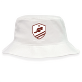 The EMB S&S Activewear West Potomac RFC Crusher Bucket Cap is a white cotton hat with a maroon beaver crest, two stars, "1963," and "WEST POTOMAC RUGBY" for classic sun protection.