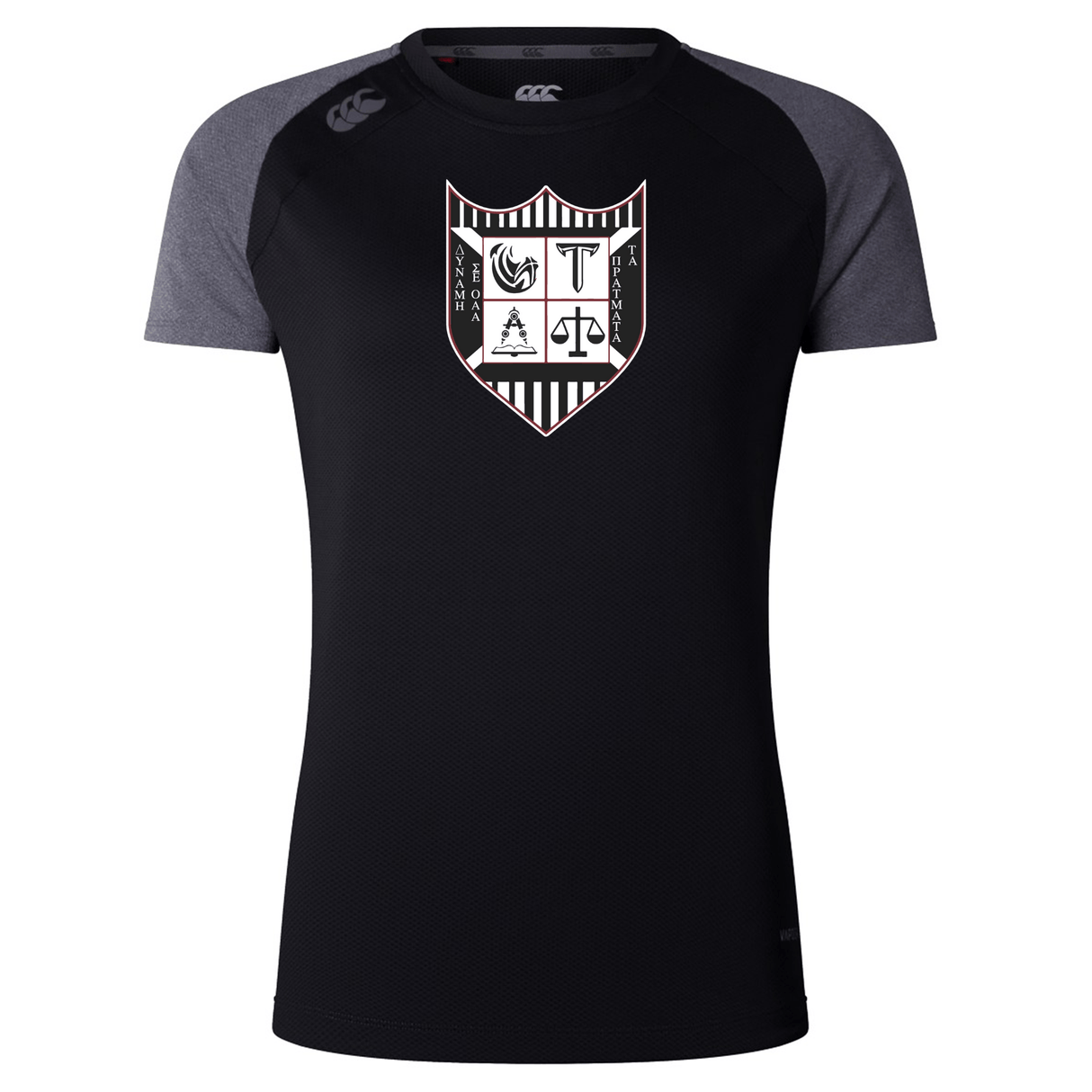 Troy University Rugby Women's Elite Training Tee by WRS Canterbury, featuring a large white shield logo with heraldic symbols on the chest.