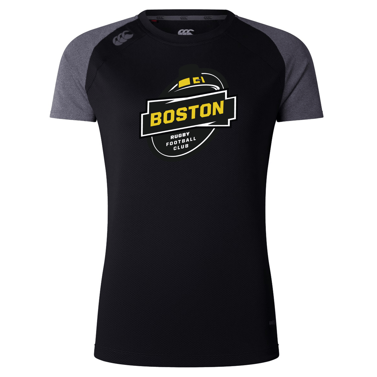 Black and grey Boston RFC Women's Elite Training Tee rugby jersey made from recycled polyester jacquard fabric, featuring a "Boston Rugby Football Club" logo on the chest by WRS Canterbury.