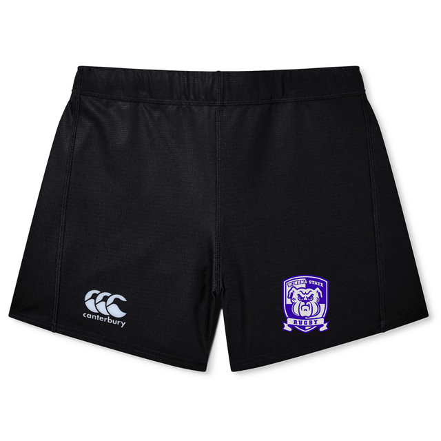 The Winona State University Women's Yokohama Short by Canterbury features a durable Vapodri fabric with an EMB Canterbury logo on the left leg and a purple crest on the right leg.