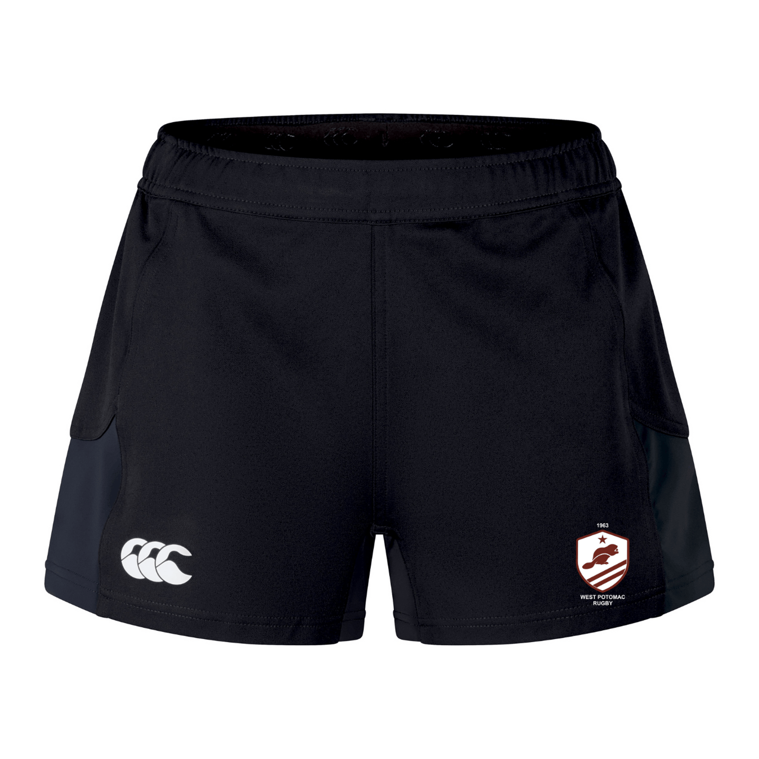 The West Potomac RFC Women's Advantage Short 2.0 by EMB Canterbury features a white Canterbury logo and a maroon/white Wests Rugby Club emblem, designed for women seeking high-performance recycled athletic shorts.