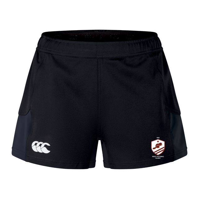 The West Potomac RFC Women's Advantage Short 2.0 by EMB Canterbury features a white Canterbury logo and a maroon/white Wests Rugby Club emblem, designed for women seeking high-performance recycled athletic shorts.