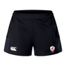 The West Potomac RFC Women's Advantage Short 2.0 by EMB Canterbury features a white Canterbury logo and a maroon/white Wests Rugby Club emblem, designed for women seeking high-performance recycled athletic shorts.