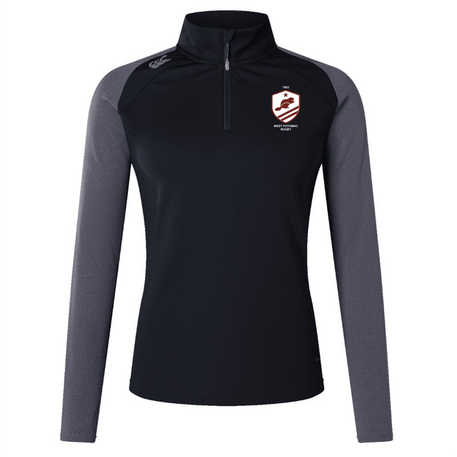 The West Potomac RFC Women's Elite First Layer by EMB Canterbury is a black and gray long-sleeve pullover with moisture-wicking VapoDri tech, white and red crest on the left chest, and small white logo on the right shoulder.