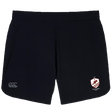 The West Potomac RFC Women's Elite Woven Short by EMB Canterbury features black gym shorts with a white and red club logo on the right leg, a grey CCC logo on the left, and zippered pockets for secure storage.