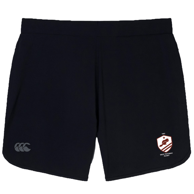 The West Potomac RFC Women's Elite Woven Short by EMB Canterbury features black gym shorts with a white and red club logo on the right leg, a grey CCC logo on the left, and zippered pockets for secure storage.
