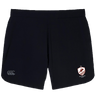The West Potomac RFC Women's Elite Woven Short by EMB Canterbury features black gym shorts with a white and red club logo on the right leg, a grey CCC logo on the left, and zippered pockets for secure storage.