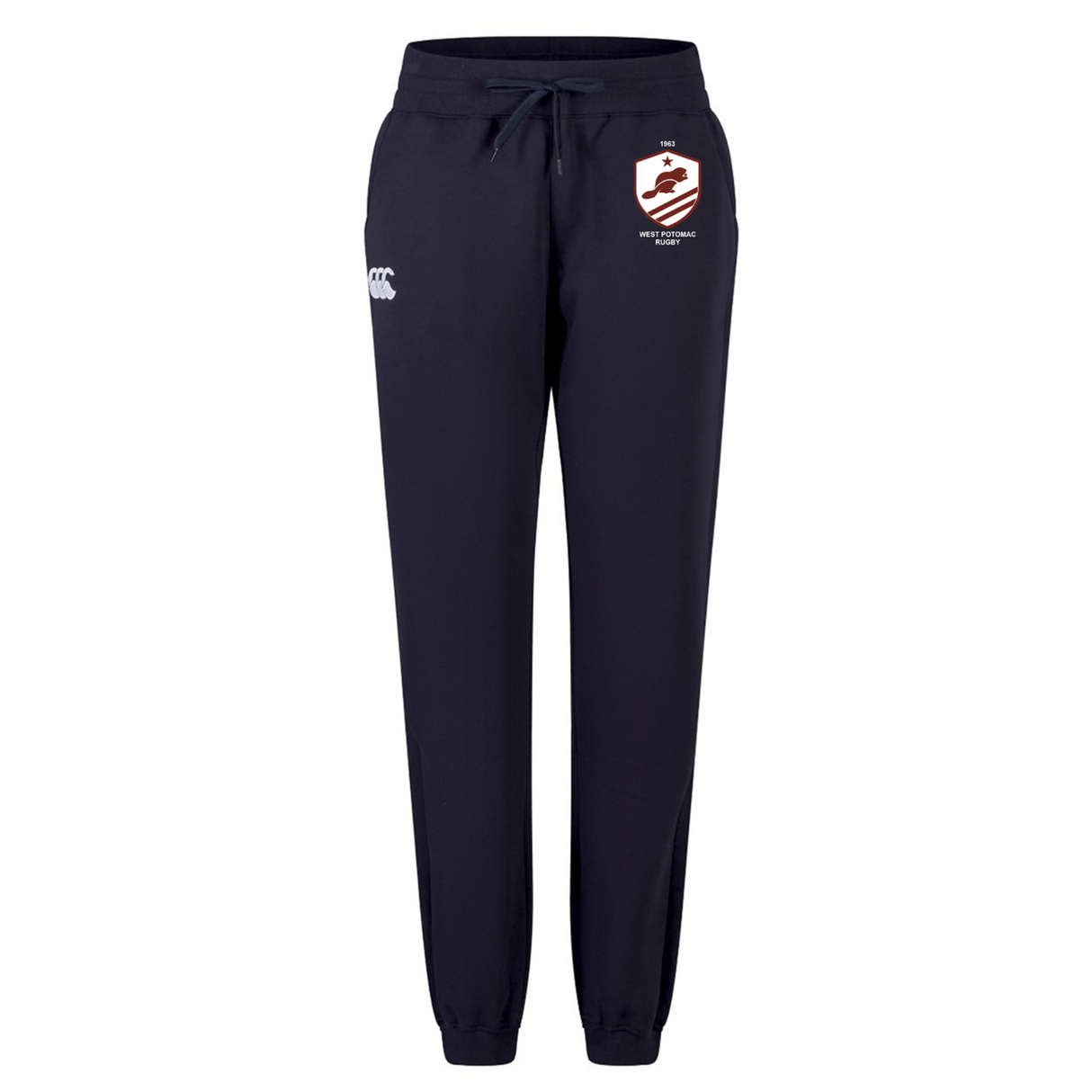 The West Potomac RFC Women's Leisure Sweatpant by EMB Canterbury features navy organic cotton, a drawstring waist, elastic cuffs, a white logo on the right thigh, and a left thigh badge—ideal for rugby training or casual wear.