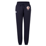 The West Potomac RFC Women's Leisure Sweatpant by EMB Canterbury features navy organic cotton, a drawstring waist, elastic cuffs, a white logo on the right thigh, and a left thigh badge—ideal for rugby training or casual wear.