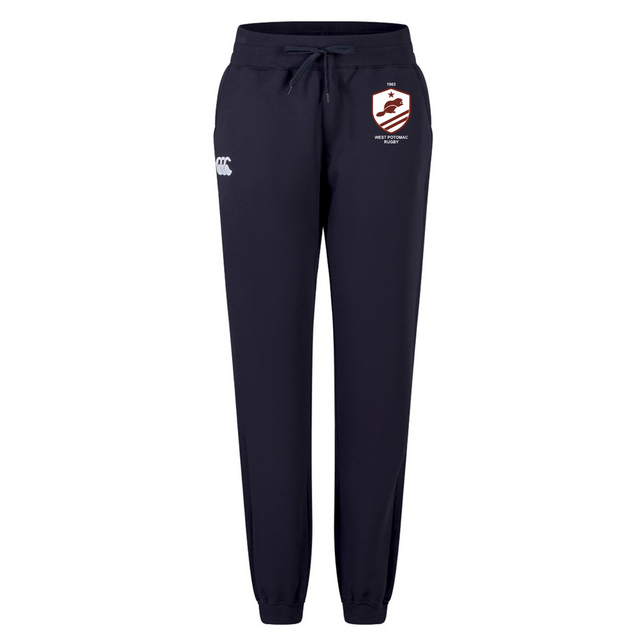 The West Potomac RFC Women's Leisure Sweatpant by EMB Canterbury features navy organic cotton, a drawstring waist, elastic cuffs, a white logo on the right thigh, and a left thigh badge—ideal for rugby training or casual wear.