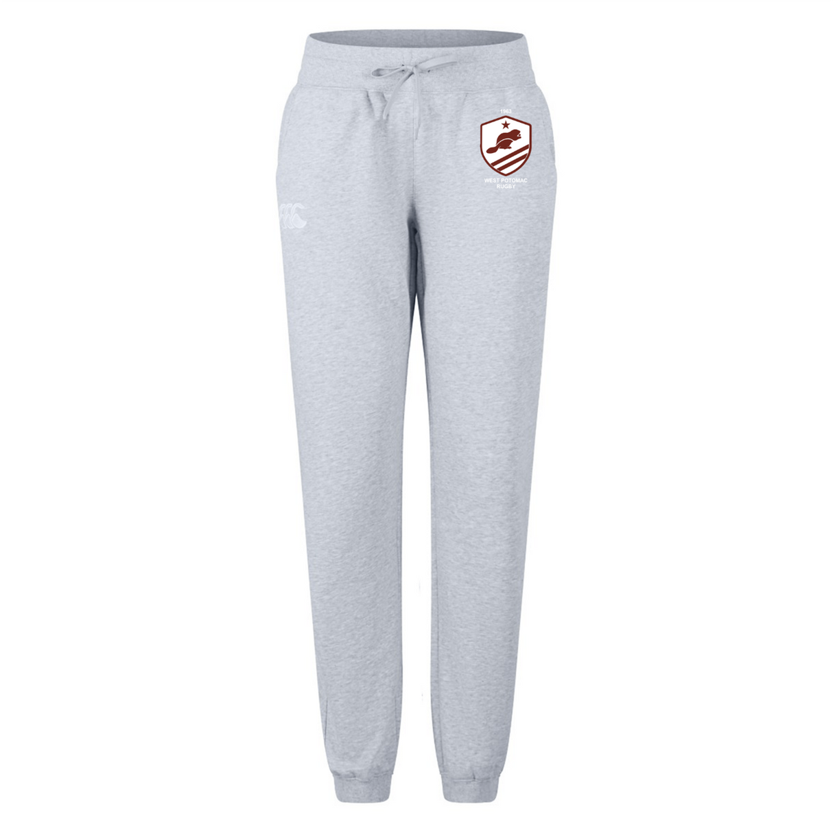 The EMB Canterbury West Potomac RFC Women's Leisure Sweatpant features a light gray color, drawstring waist, ribbed cuffs, and a maroon sports logo on the upper left thigh—combining comfort and style by Canterbury.