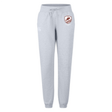The EMB Canterbury West Potomac RFC Women's Leisure Sweatpant features a light gray color, drawstring waist, ribbed cuffs, and a maroon sports logo on the upper left thigh—combining comfort and style by Canterbury.