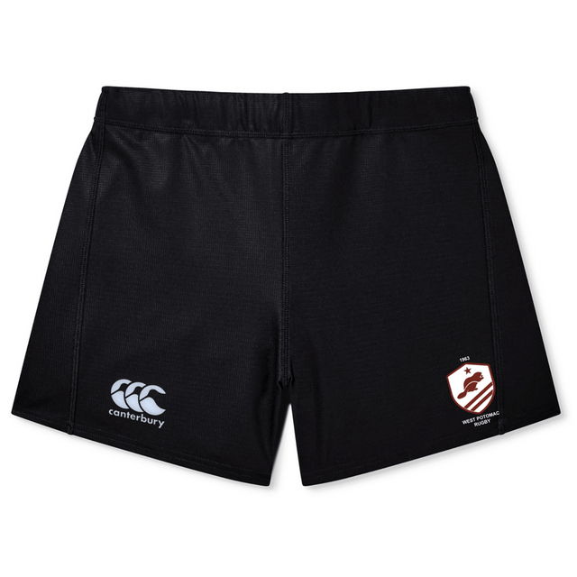 The West Potomac RFC Women’s Yokohama Short by EMB Canterbury features the Canterbury logo on the left leg and a red and white crest with text on the right, offering classic rugby style for fans.