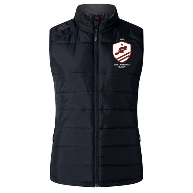 The EMB Canterbury West Potomac RFC Women's Elite Microlite Gilet is black, sleeveless, features insulated baffles and the "West Potomac Rugby" logo on the left chest.
