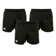 Three pairs of Women's Canterbury Advantage 2.0 Shorts from Bundle Canterbury, each featuring a white logo on the left leg, are displayed on a white background.
