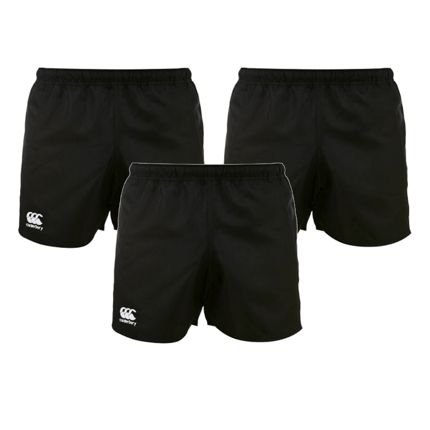 The Women's Canterbury Advantage 2.0 Short 3-Pack Bundle by Bundle includes three black rugby shorts with elastic waistbands and white logos on the left leg, shown against a plain white background.