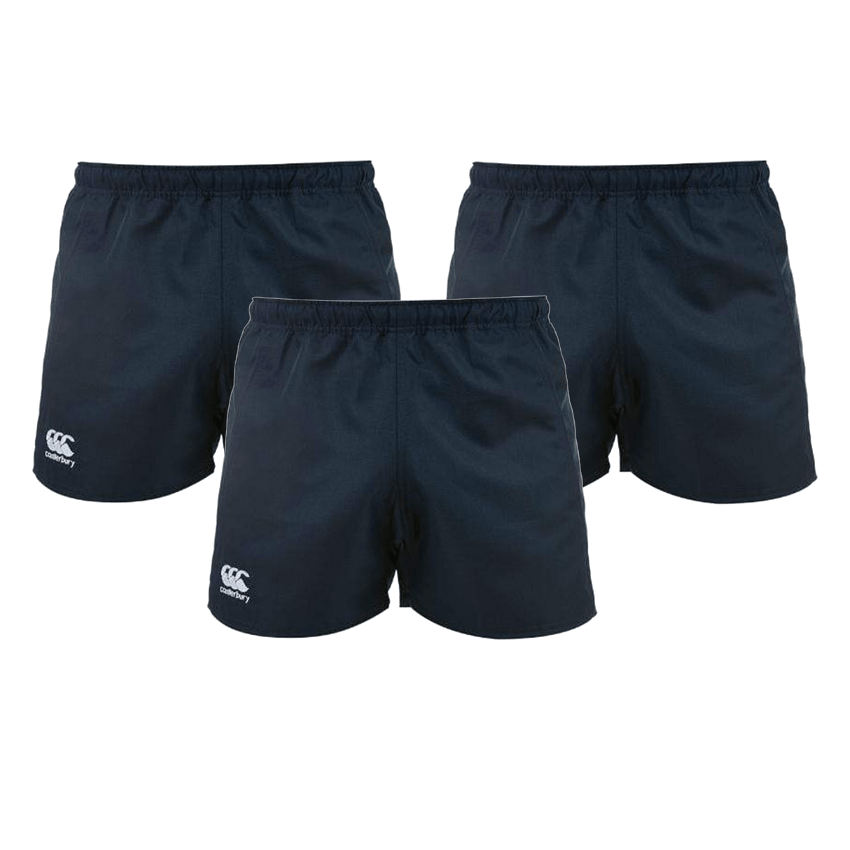 A 3-pack of Women's Canterbury Advantage 2.0 Shorts, navy blue with a white logo on the left leg, ideal for those seeking a tailored fit.