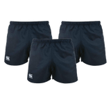 A 3-pack of Women's Canterbury Advantage 2.0 Shorts, navy blue with a white logo on the left leg, ideal for those seeking a tailored fit.