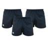 A 3-pack of Women's Canterbury Advantage 2.0 Shorts, navy blue with a white logo on the left leg, ideal for those seeking a tailored fit.