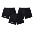 A 3-pack of black Yokohama rugby shorts for women with a white logo on the left leg, made by Canterbury. Crafted with Vapodri fabric, these shorts ensure optimal comfort and performance.