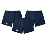 The Women's Canterbury Yokohama Short 3-Pack Bundle offers three navy blue shorts with left-side logos featuring Vapodri Fabric for ultimate comfort. Designed as women's rugby shorts by Bundle Canterbury, they ensure you stay dry and stylish on and off the field.