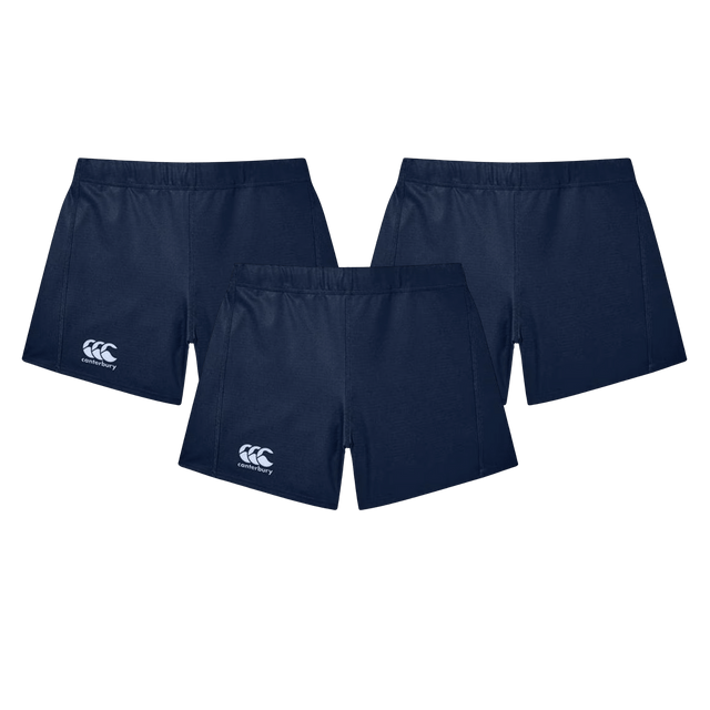 The Women's Canterbury Yokohama Short 3-Pack Bundle offers three navy blue shorts with left-side logos featuring Vapodri Fabric for ultimate comfort. Designed as women's rugby shorts by Bundle Canterbury, they ensure you stay dry and stylish on and off the field.