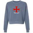 The SF CDME Rugby Women's Garment-Dyed Mid-Length Crewneck Sweatshirt by EMB S&S Activewear features a blue relaxed fit with a prominent red cross emblem and "CDME RUGBY" text on the front.