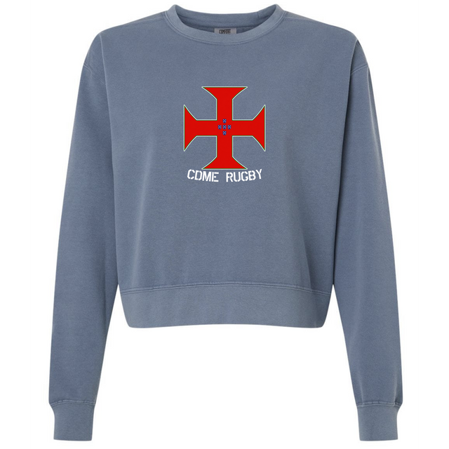 The SF CDME Rugby Women's Garment-Dyed Mid-Length Crewneck Sweatshirt by EMB S&S Activewear features a blue relaxed fit with a prominent red cross emblem and "CDME RUGBY" text on the front.
