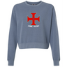 The SF CDME Rugby Women's Garment-Dyed Mid-Length Crewneck Sweatshirt by EMB S&S Activewear features a blue relaxed fit with a prominent red cross emblem and "CDME RUGBY" text on the front.