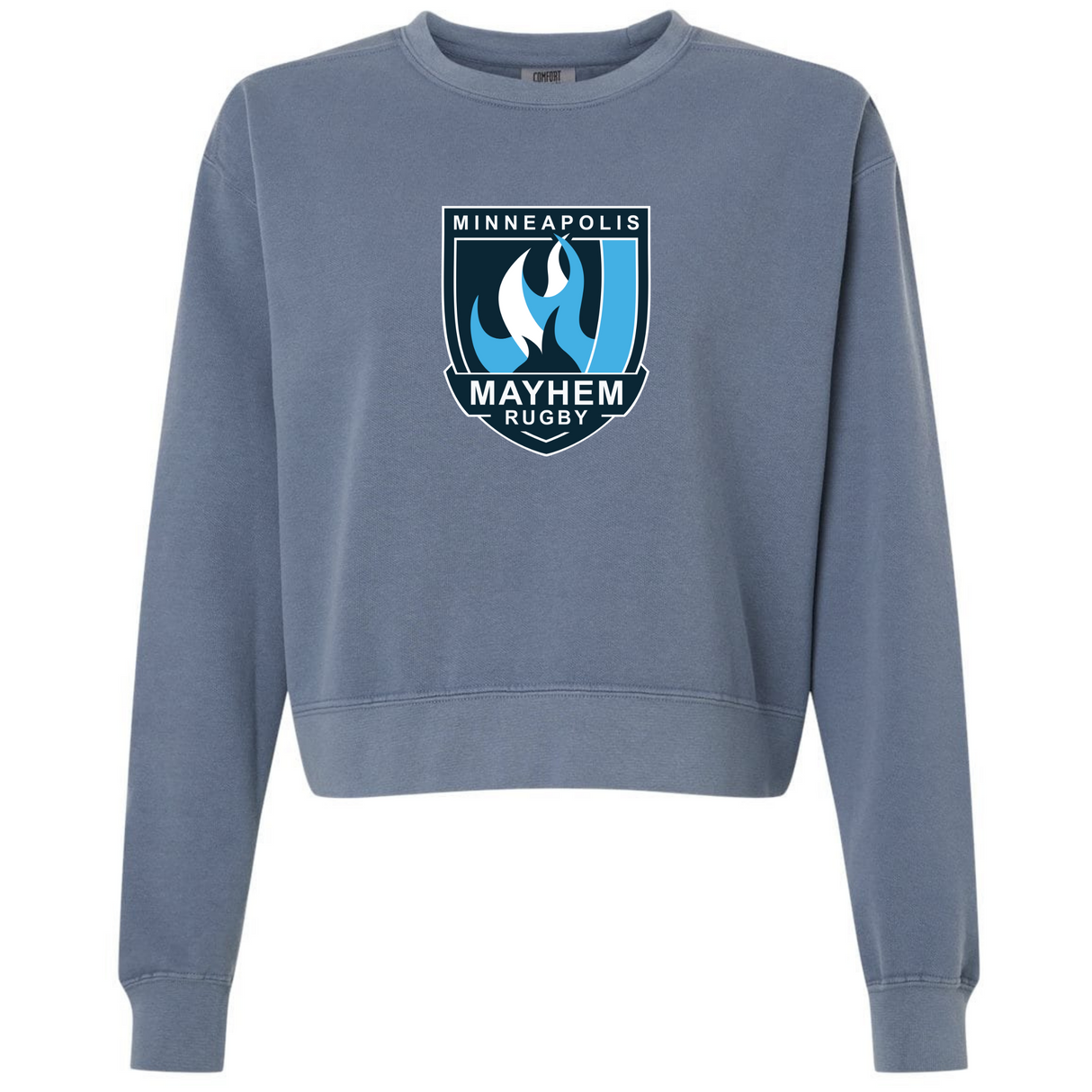 The EMB S&S Activewear Minneapolis Mayhem Rugby Women’s Garment-Dyed Mid-Length Crewneck Sweatshirt is made from heavyweight fleece for lasting comfort and warmth, and features a stylized flame logo on the front.