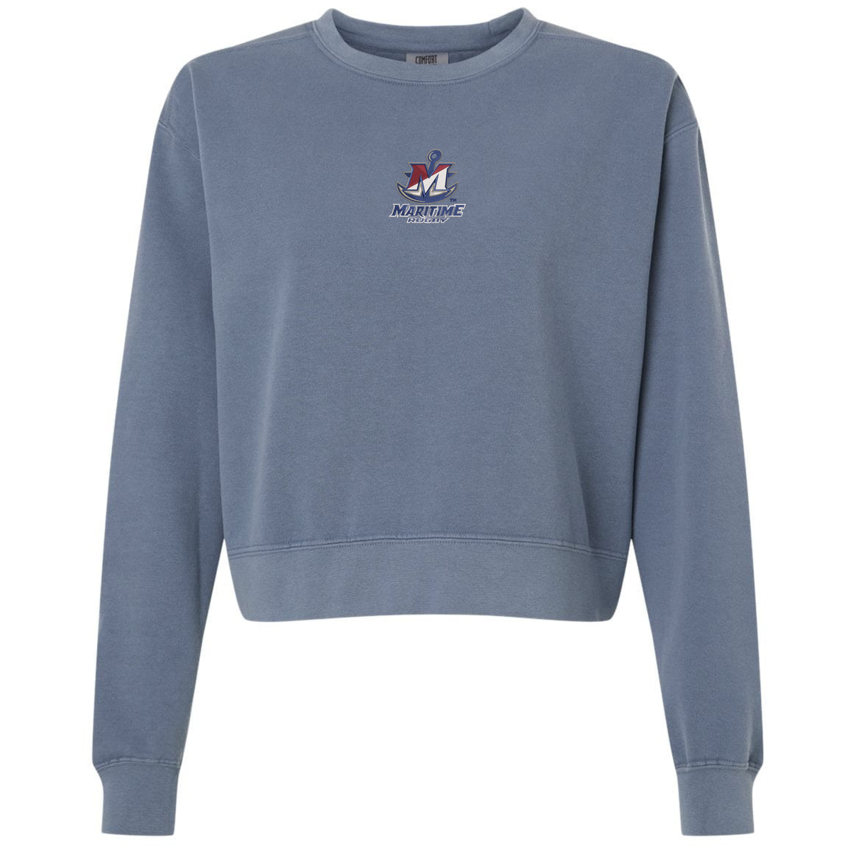 Blue mid-length heavyweight fleece SUNY Maritime Men’s Rugby Women’s Garment-Dyed Mid-Length Crewneck Sweatshirt featuring a Maritime Rugby logo on the chest.