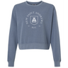 Introducing the New Saint Andrews College Women’s Garment-Dyed Mid-Length Crewneck Sweatshirt by EMB S&S Activewear—a blue heavyweight fleece sweatshirt designed with a mid-length silhouette. This stylish and comfortable everyday crewneck features “New Saint Andrews RFC 1994” and a white crest printed on the front.