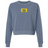 Berkeley RFC Women’s Garment-Dyed Mid-Length Crewneck Sweatshirt in blue, featuring a rectangular yellow chest patch with a blue bear icon and “Berkeley RFC Est. 2006” text.