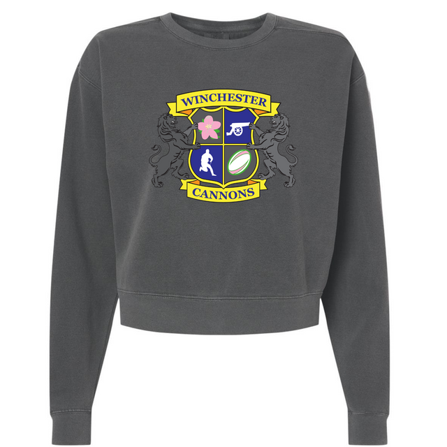 The Winchester Cannons Women's Garment-Dyed Mid-Length Crewneck Sweatshirt by EMB S&S Activewear is a dark grey heavyweight fleece with a colorful crest reading "Winchester Cannons" and sports-themed icons.
