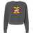 Introducing the Potomac Exiles Rugby Club Women's Garment-Dyed Mid-Length Crewneck Sweatshirt by EMB S&S Activewear—a dark gray, heavyweight fleece top featuring a large "X" logo on the chest. The design incorporates elements of the Maryland and Washington, DC flags, laurel branches, and displays "2014" beneath the graphic. This mid-length crewneck offers lasting comfort and distinctive style.