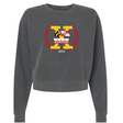 Introducing the Potomac Exiles Rugby Club Women's Garment-Dyed Mid-Length Crewneck Sweatshirt by EMB S&S Activewear—a dark gray, heavyweight fleece top featuring a large "X" logo on the chest. The design incorporates elements of the Maryland and Washington, DC flags, laurel branches, and displays "2014" beneath the graphic. This mid-length crewneck offers lasting comfort and distinctive style.