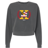 Introducing the Potomac Exiles Rugby Club Women's Garment-Dyed Mid-Length Crewneck Sweatshirt by EMB S&S Activewear—a dark gray, heavyweight fleece top featuring a large "X" logo on the chest. The design incorporates elements of the Maryland and Washington, DC flags, laurel branches, and displays "2014" beneath the graphic. This mid-length crewneck offers lasting comfort and distinctive style.