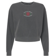 The Santa Rosa Youth Rugby Women’s Garment-Dyed Mid-Length Crewneck Sweatshirt by EMB S&S Activewear features a charcoal gray design with “Santa Rosa Youth Rugby” and a red rose graphic printed on the chest. Made from heavyweight fleece, this crewneck provides both comfort and style for women.
