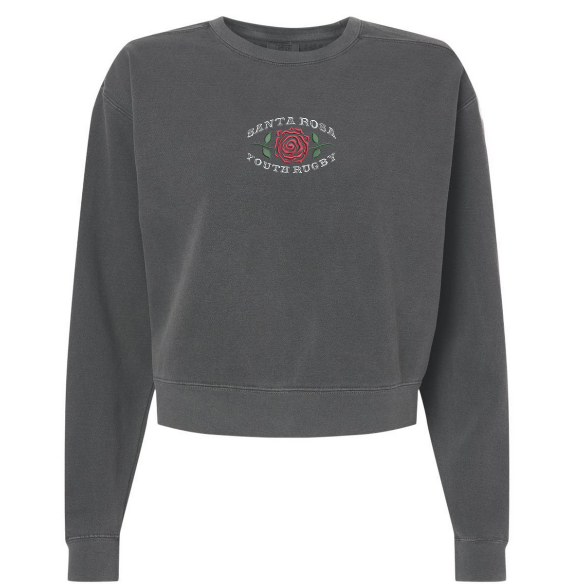 The Santa Rosa Youth Rugby Women’s Garment-Dyed Mid-Length Crewneck Sweatshirt by EMB S&S Activewear features a charcoal gray design with “Santa Rosa Youth Rugby” and a red rose graphic printed on the chest. Made from heavyweight fleece, this crewneck provides both comfort and style for women.