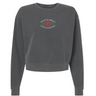 The Santa Rosa Youth Rugby Women’s Garment-Dyed Mid-Length Crewneck Sweatshirt by EMB S&S Activewear features a charcoal gray design with “Santa Rosa Youth Rugby” and a red rose graphic printed on the chest. Made from heavyweight fleece, this crewneck provides both comfort and style for women.