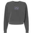 The Valley Panthers Girls Rugby Women’s Garment-Dyed Mid-Length Crewneck Sweatshirt by EMB S&S Activewear is a charcoal gray women’s crewneck, garment-dyed for a lived-in feel, and features a small “Valley Panthers Cross Country” logo in purple and white on the left chest.