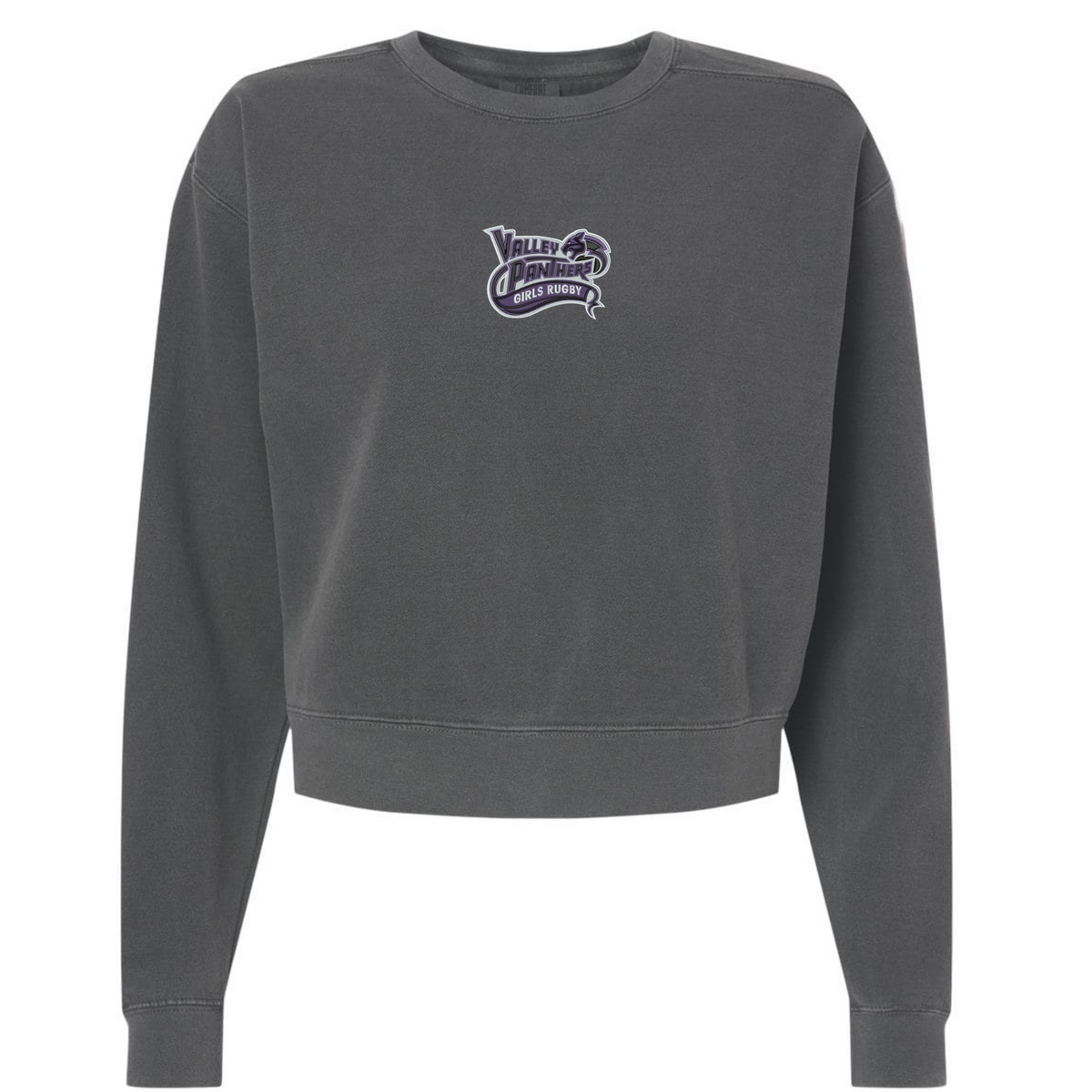 The Valley Panthers Girls Rugby Women’s Garment-Dyed Mid-Length Crewneck Sweatshirt by EMB S&S Activewear is a charcoal gray women’s crewneck, garment-dyed for a lived-in feel, and features a small “Valley Panthers Cross Country” logo in purple and white on the left chest.