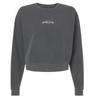 The EMB S&S Activewear South Orange County Raptors Women’s Garment-Dyed Mid-Length Crewneck Sweatshirt comes in a dark gray hue and features small white chest text stating, “Raptors Playby Est. 1995.” Made from heavyweight fleece, this relaxed-fit sweatshirt includes ribbed cuffs for enduring comfort and style.